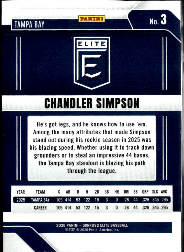 Chandler Simpson 2026 Elite Blue 122/199 Tampa Bay Rays