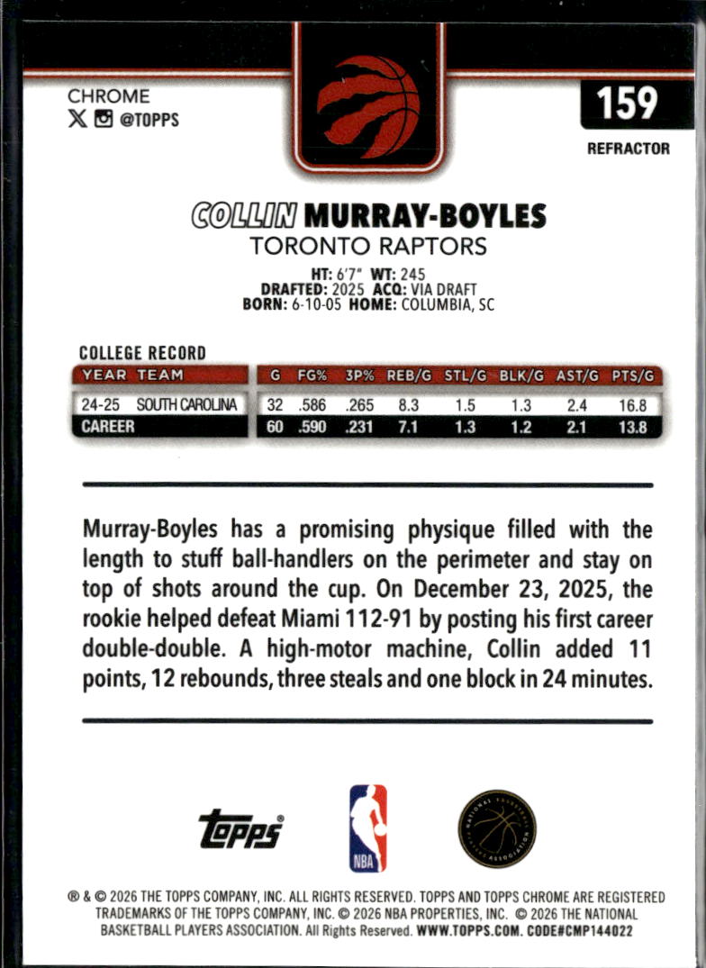Collin Murray-Boyles 2026 Topps Chrome Update RC Refractor Toronto Raptors