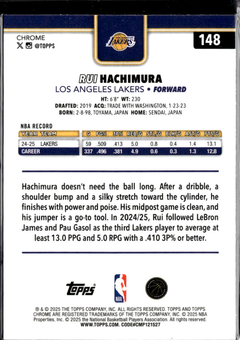 Rui Hachimura 2025 Topps Chrome Update Yellow Refractor /275 Los Angeles Lakers