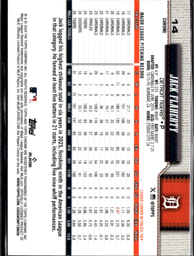 Jack Flaherty 2026 Topps Chrome Green Refractor 69/99 Detroit Tigers