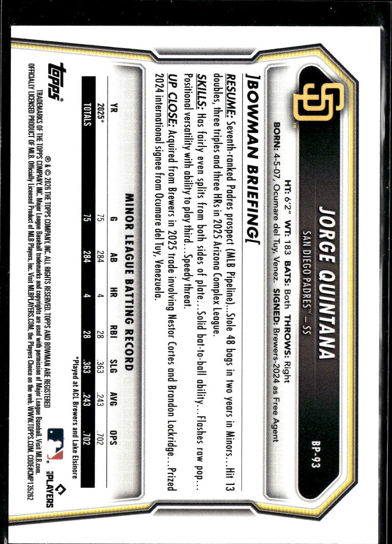 Jorge Quintana 2026 Bowman 1st Purple /250 San Diego Padres