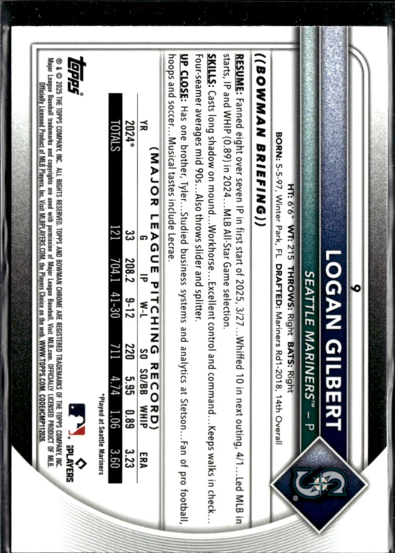 Logan Gilbert 2025 Bowman Chrome Geometric Refractor /499 Seattle Mariners