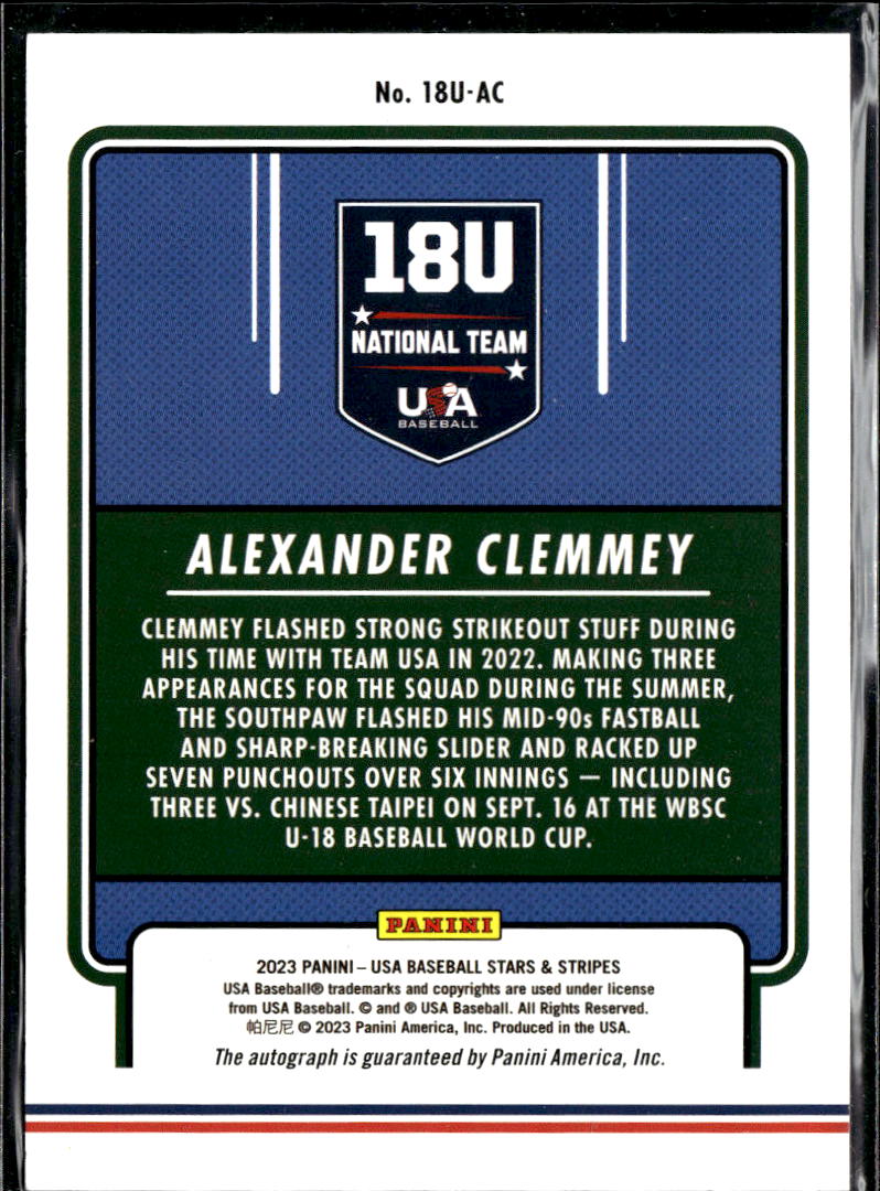 Alexander Clemmey 2023 USA Baseball Stars & Stripes Auto Autograph National Team