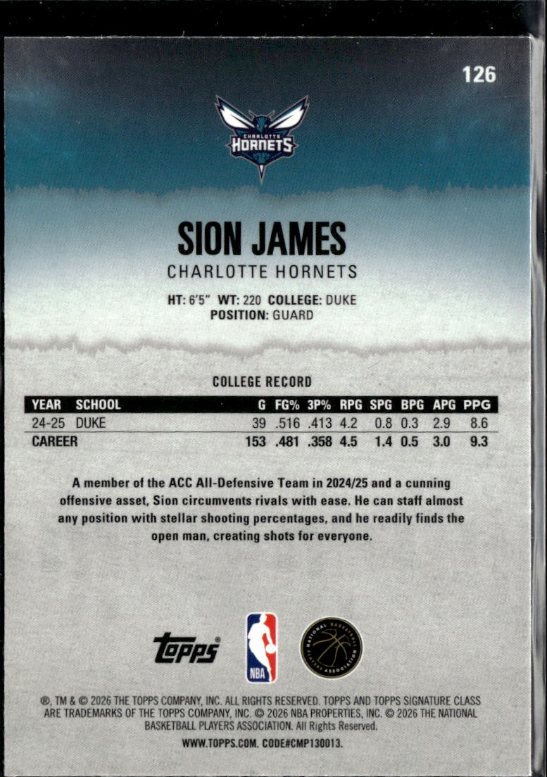 Sion James 2026 Topps Signature Class Yellow RC 216/275 Charlotte Hornets