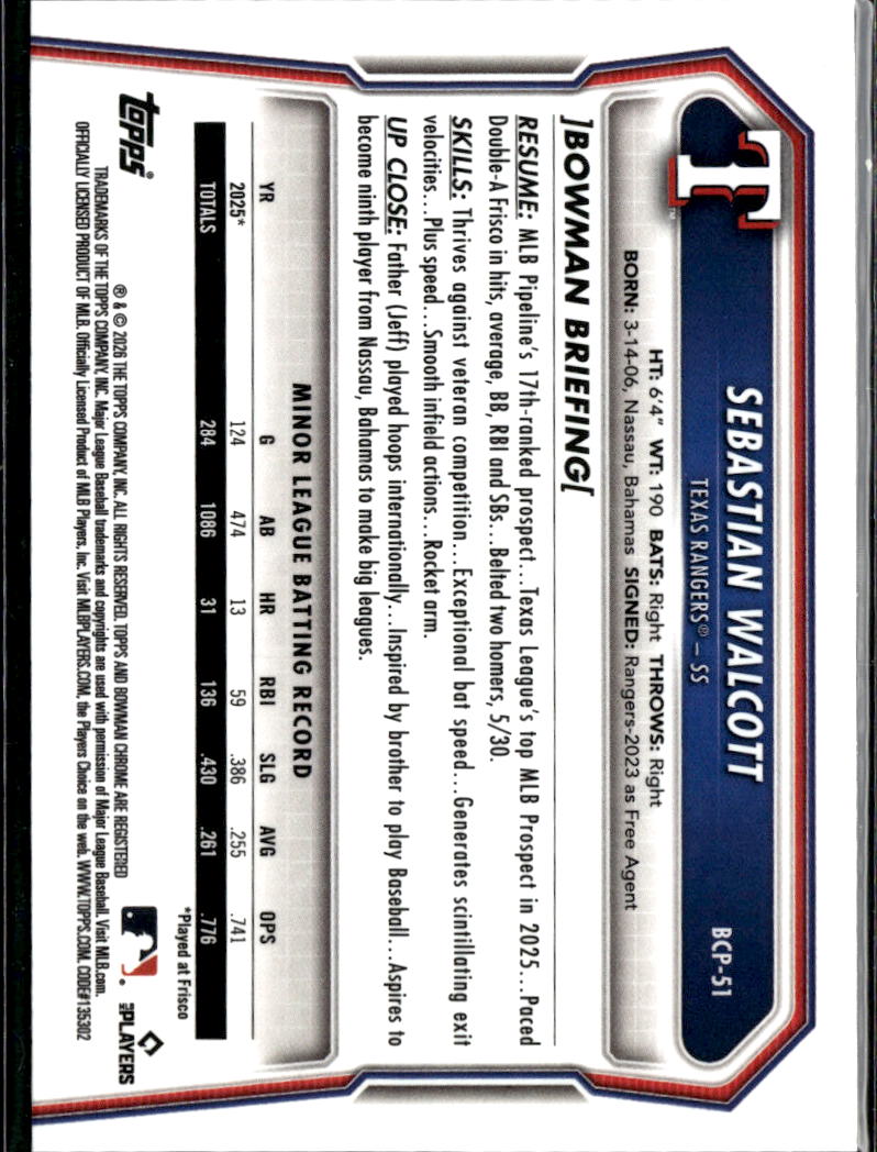Sebastian Walcott 2026 Bowman Chrome Blue Sapphire Refractor Texas Rangers