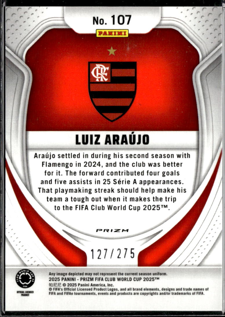 Luiz Araujo 2025 Panini Prizm FIFA Club World Cup Blue 127/275 Flamengo
