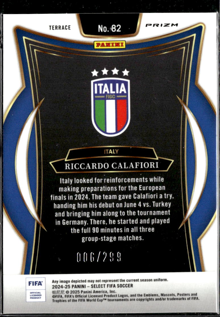 Riccardo Calafiori 2025 Panini Select FIFA Terrace Pink Mojo /299 Italy