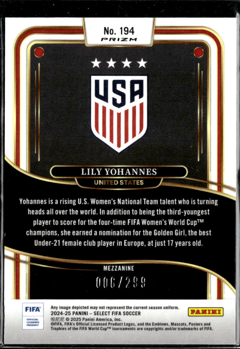Lily Yohannes 2025 Panini Select FIFA Soccer RC Mezzanine /299 United States