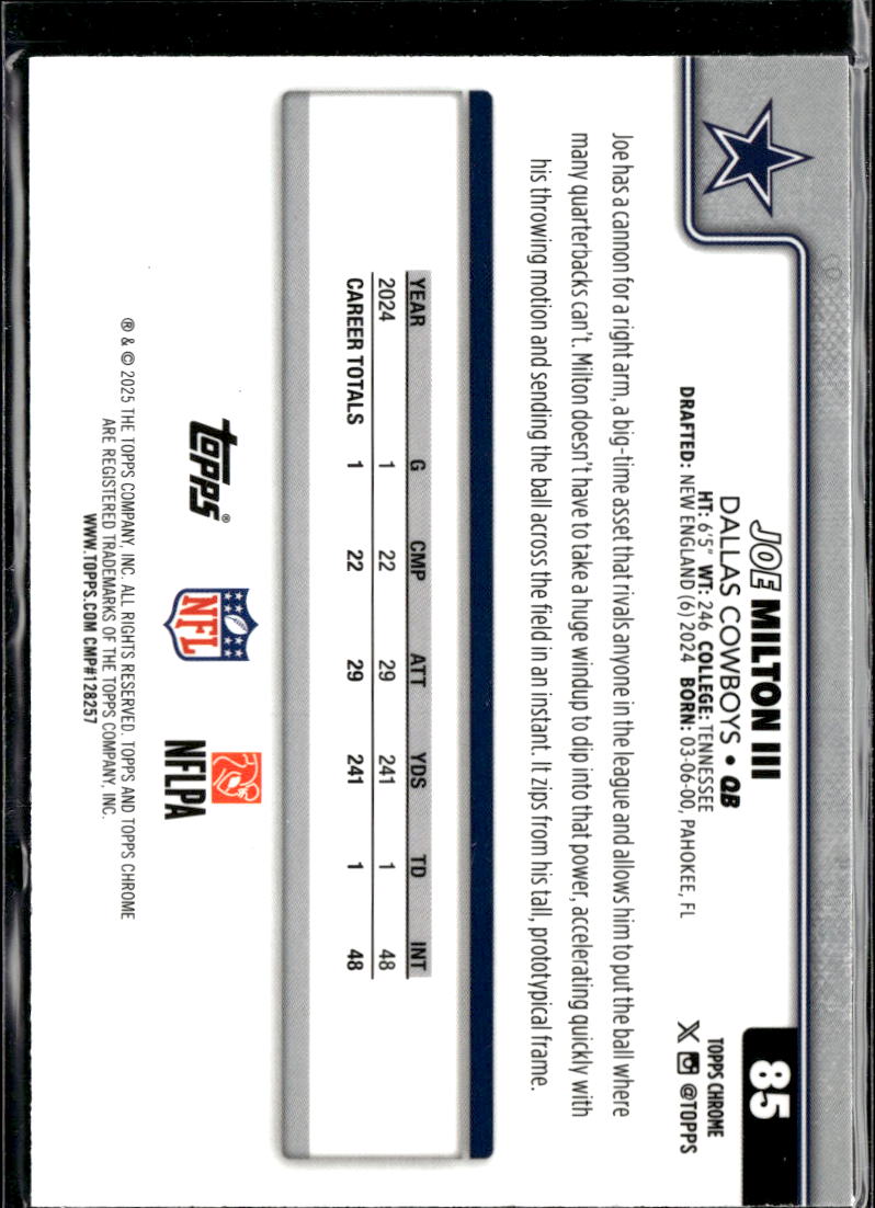 Joe Milton III 2025 Topps Chrome Yellow Wave Refractor /275 Dallas Cowboys
