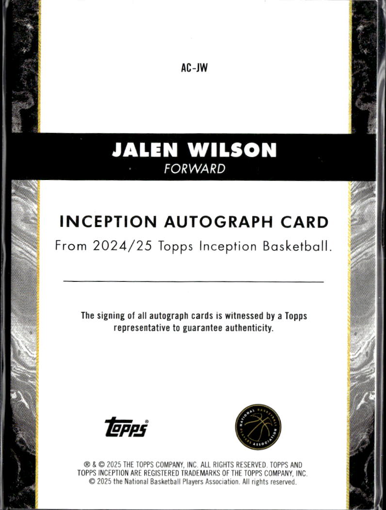 Jalen Wilson 2025 Topps Inception Auto Autograph RC Brooklyn Nets