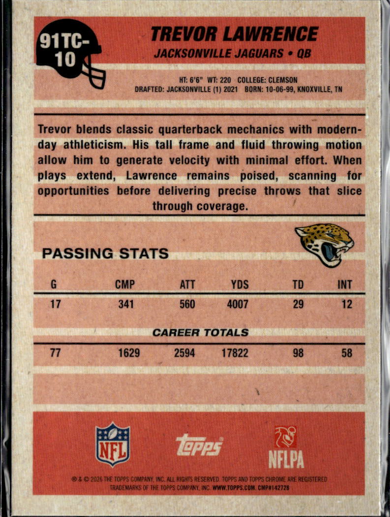 Trevor Lawrence 2025 Topps Chrome '91 Silver Pack Refractor Jacksonville Jaguars