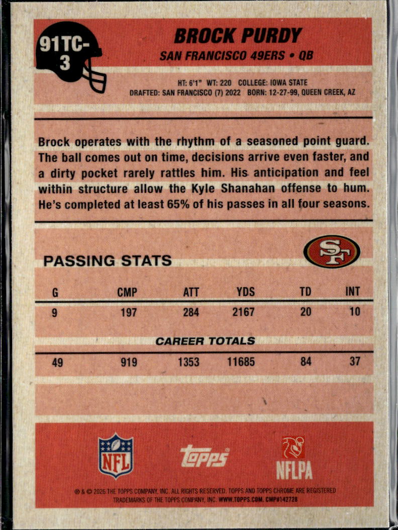 Brock Purdy 2026 Topps Chrome '91 Silver Pack Refractor San Francisco 49ers