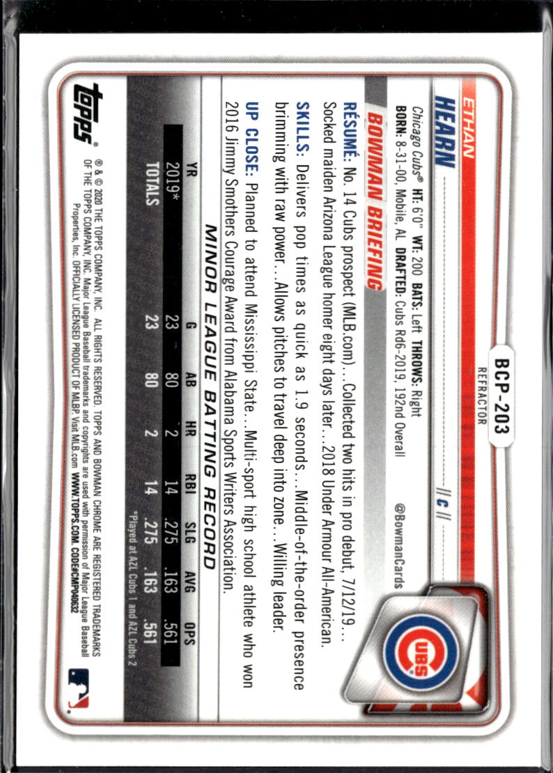 Ethan Hearn 2020 Bowman Chrome Refractor /499 Chicago Cubs