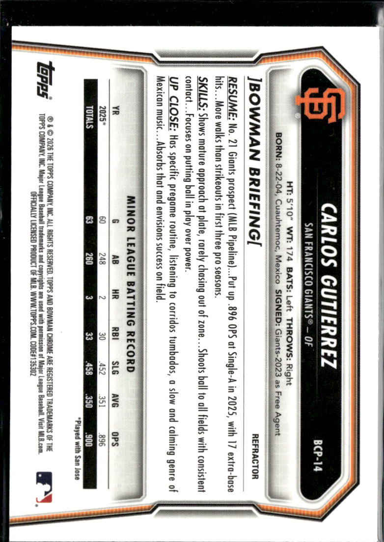 Carlos Gutierrez 2026 Bowman Chrome 1st Refractor 115/499 San Francisco Giants