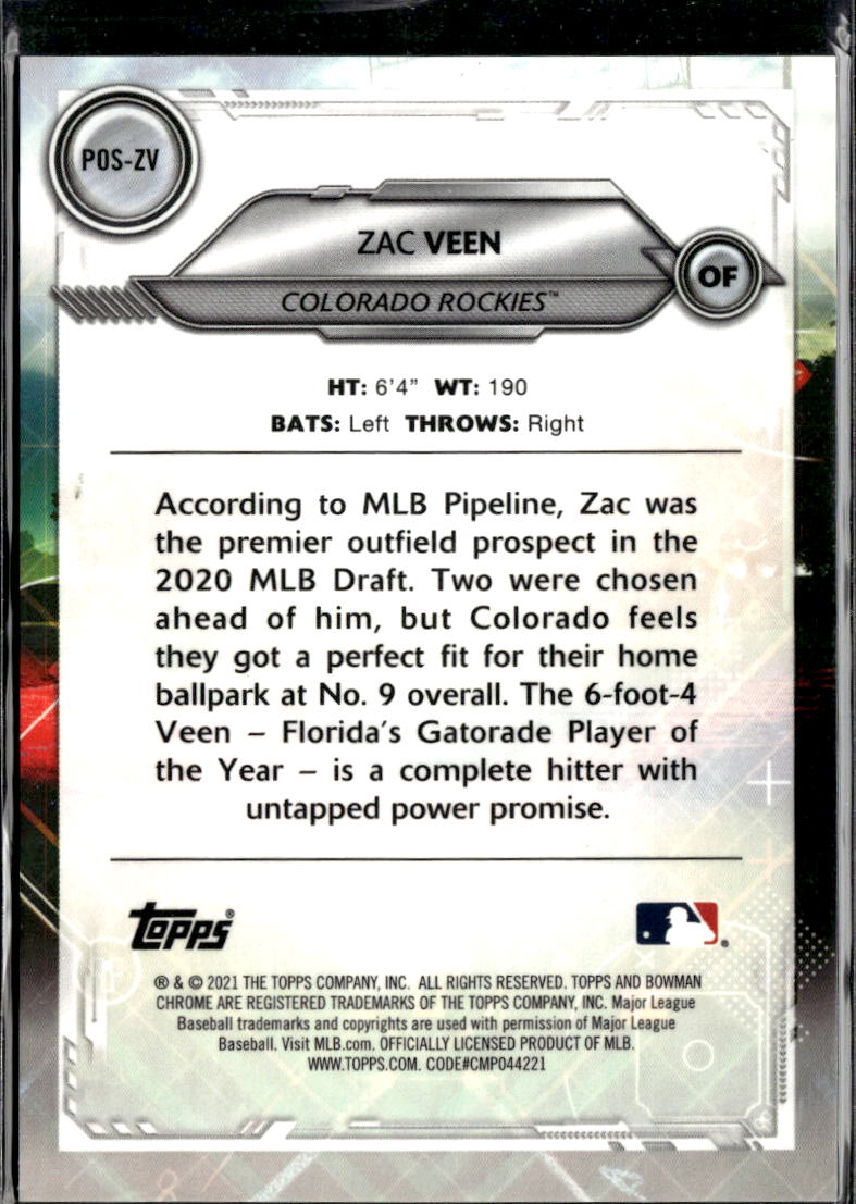 Zac Veen 2021 Bowman Chrome Promise Green Refractor /125 Colorado Rockies