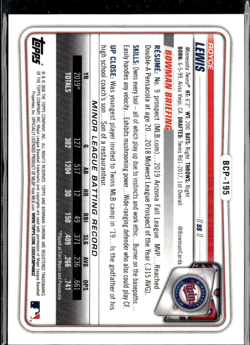 Royce Lewis 2020 Bowman Chrome Purple Refractor /250 Minnesota Twins