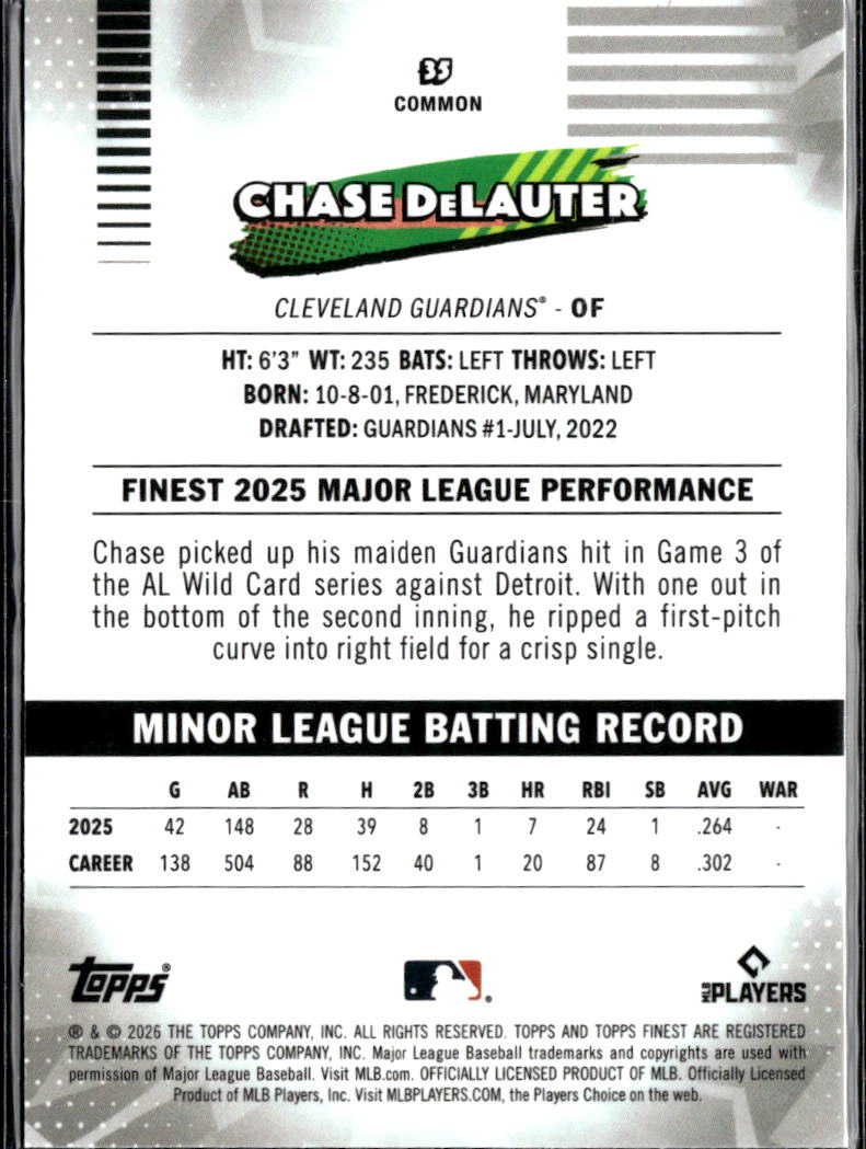 Chase DeLauter 2026 Topps Finest Mini Diamond RC Cleveland Guardians