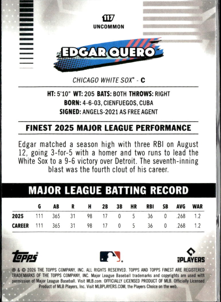 Edgar Quero 2026 Topps Finest Blue Refractor /150 Chicago White Sox