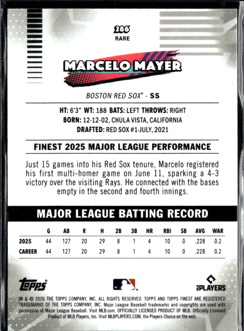 Marcelo Mayer 2026 Topps Finest Rare Aqua Refractor /199 Boston Red Sox