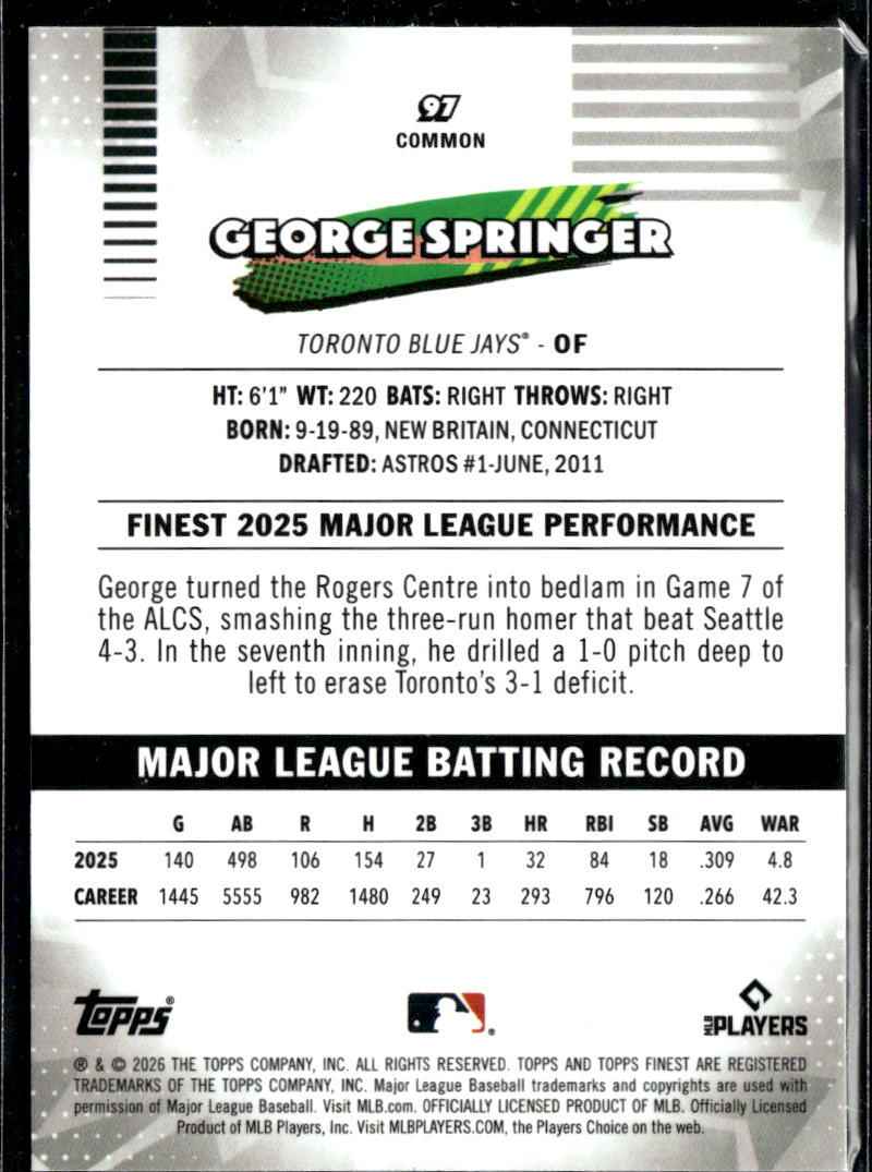George Springer 2026 Topps Finest Aqua Refractor /199 Toronto Blue Jays