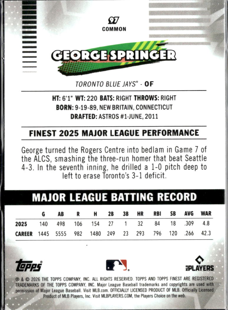 George Springer 2026 Topps Finest Pink Refractor /250 Toronto Blue Jays