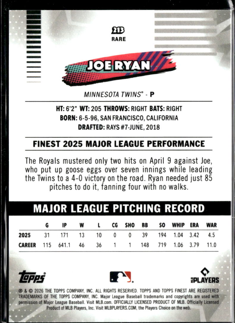Joe Ryan 2026 Topps Finest RARE Yellow Refractor /275 Minnesota Twins