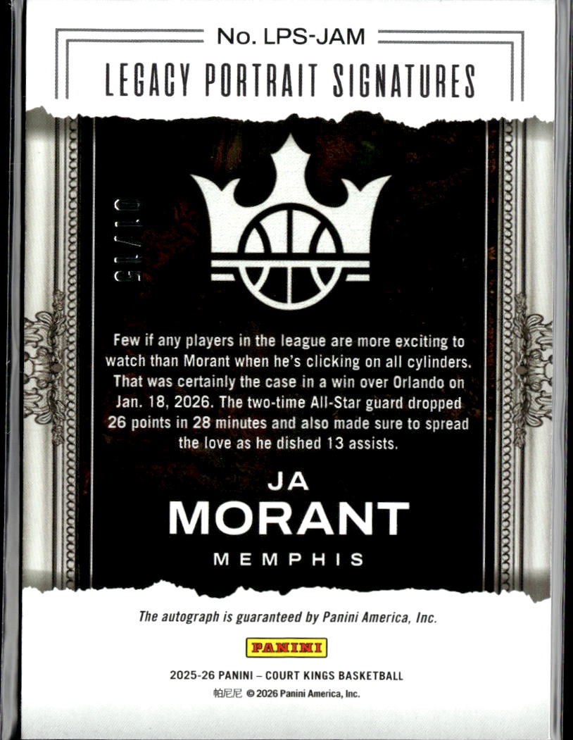 Ja Morant 2025-26 Court Kings Legacy Auto Autograph 1/15 Memphis Grizzlies