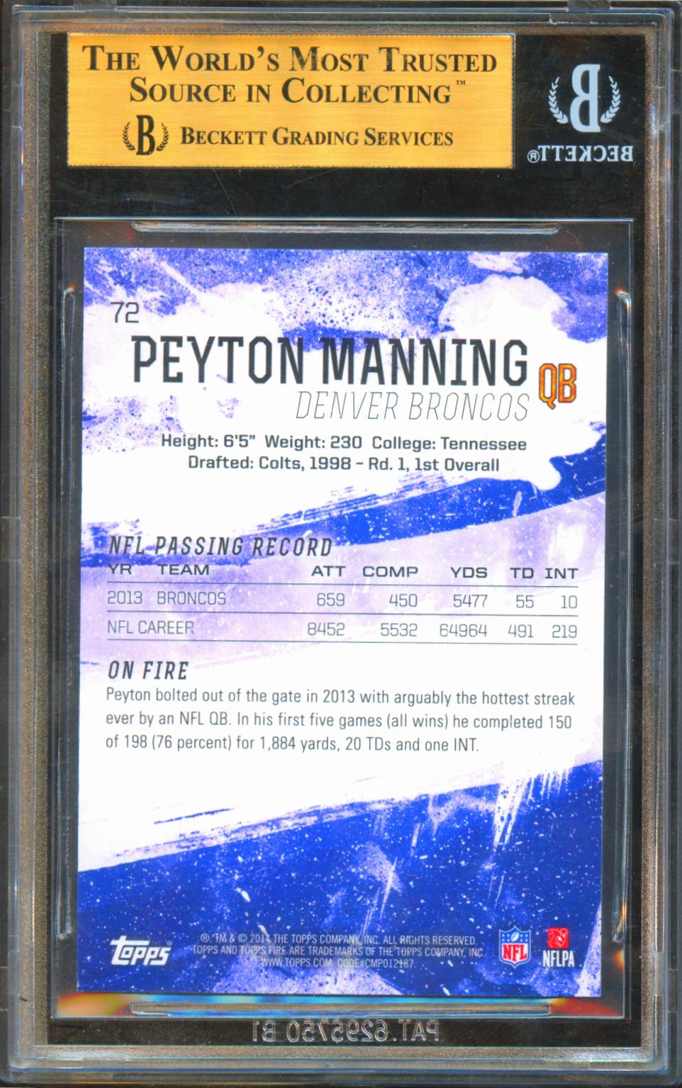 Peyton Manning 2014 Topps Fire Onyx 22/25 Denver Broncos Colts #72 BGS 9.5