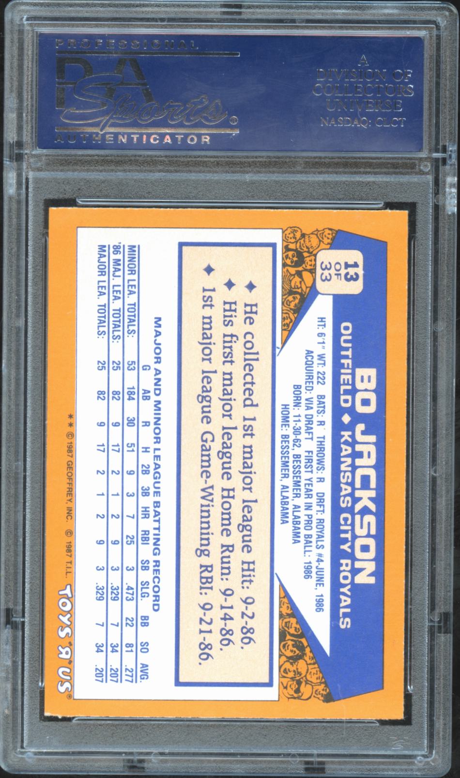 Bo Jackson 1987 Toys R Us Rookies RC Kansas City Royals #13 PSA 10