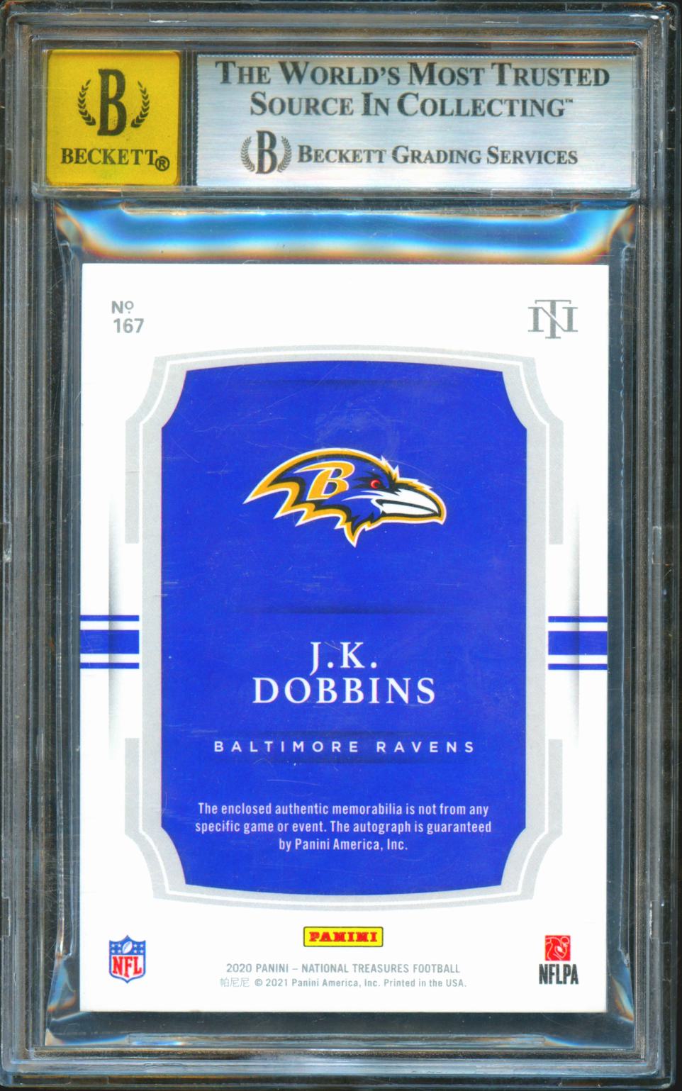 J.K. Dobbins 2020 National Treasures Autograph LOGO Patch Ravens RC /20 BGS 8.5