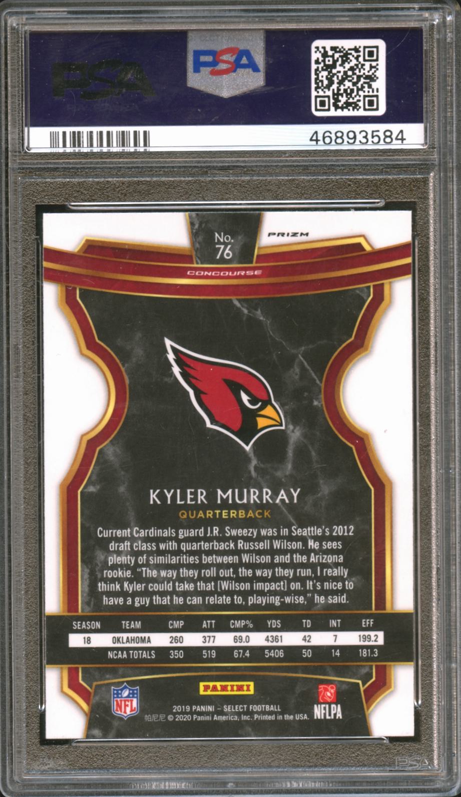 Kyler Murray 2019 Select Silver Prizm Rookie RC Arizona Cardinals #76 PSA 9