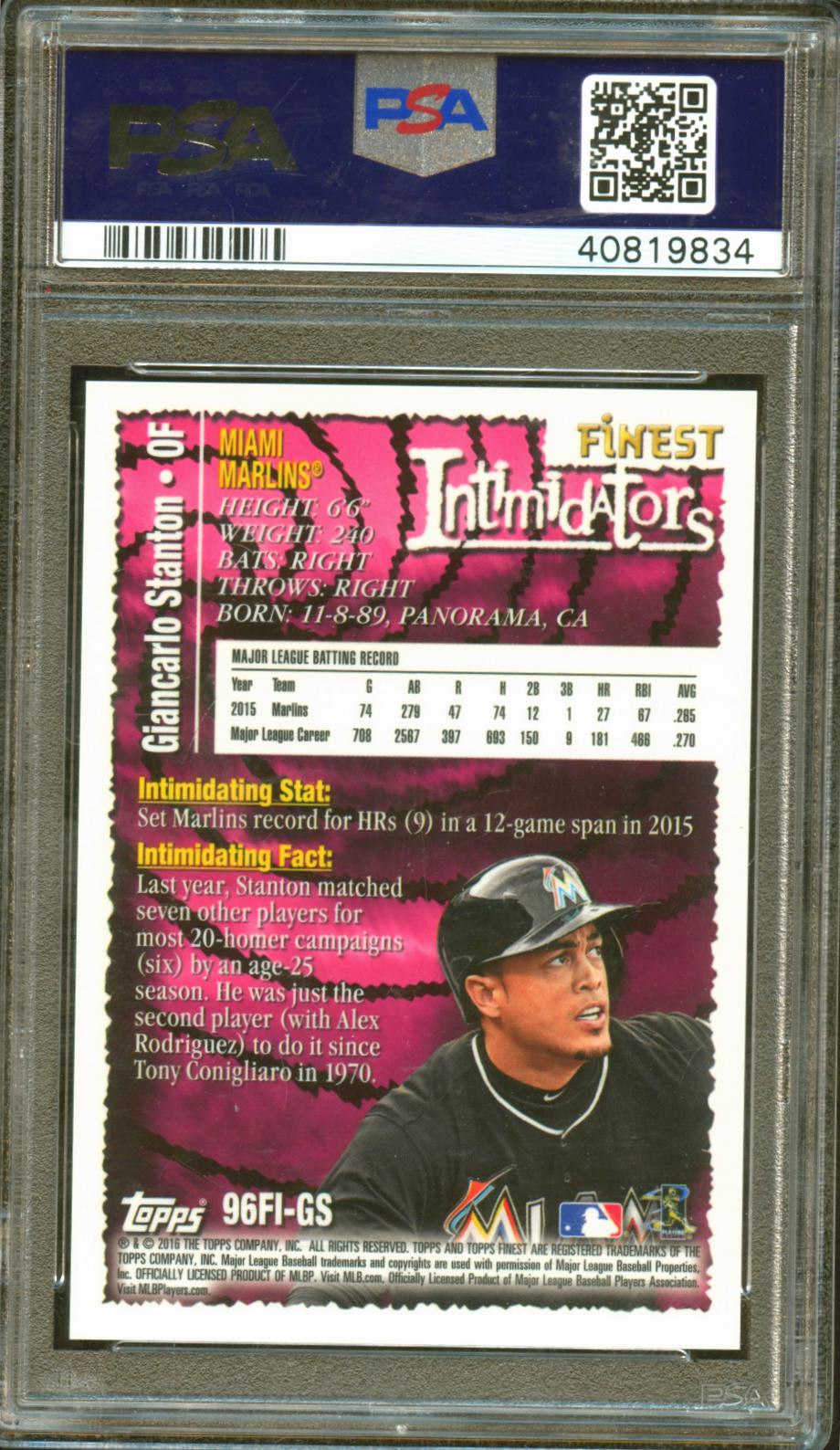 Giancarlo Stanton 2016 Finest '96 Finest Intimidators Miami Marlins PSA 10