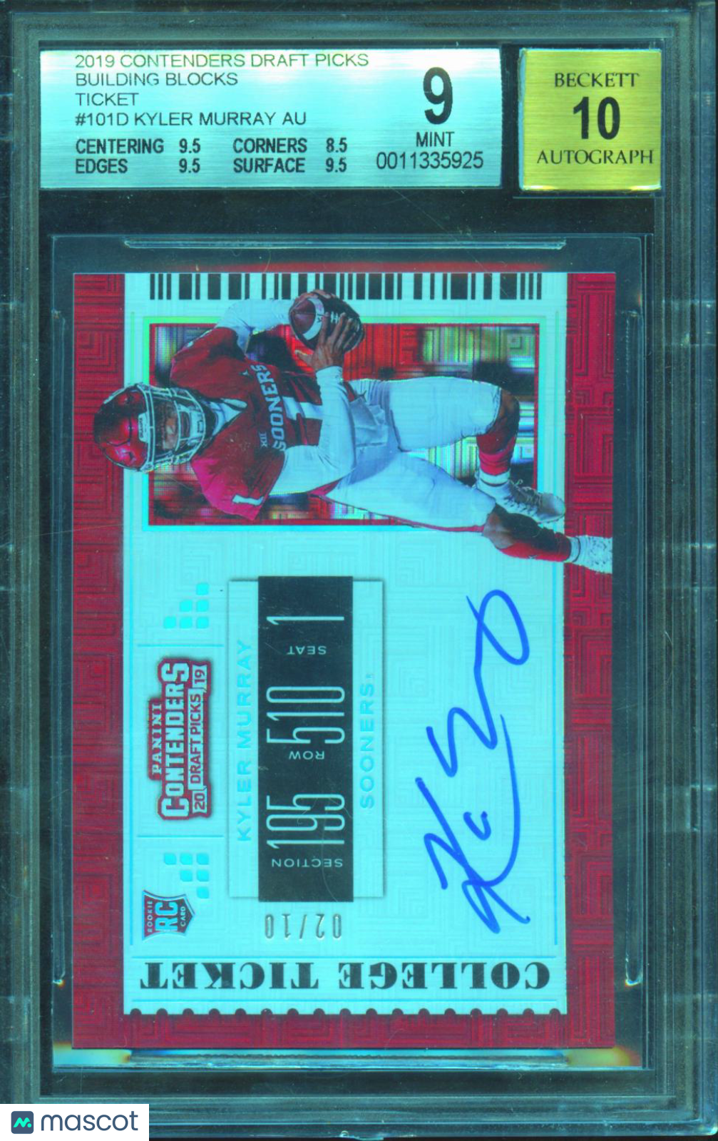 Kyler Murray 2019 Contenders Draft Auto Autograph RC Oklahoma Sooners 2/10 BGS 9