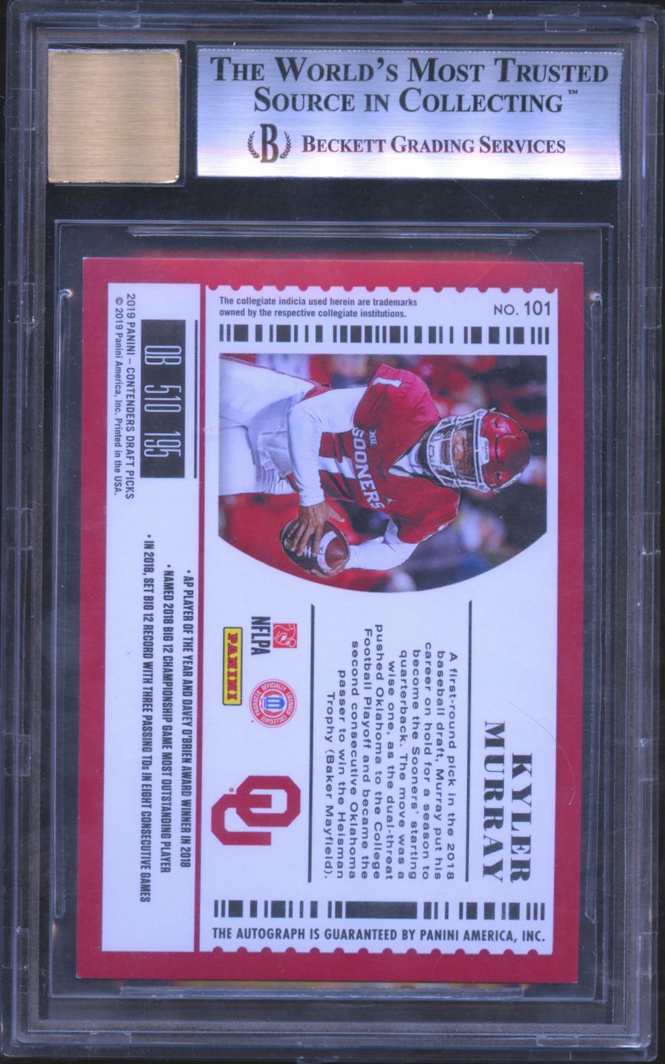 Kyler Murray 2019 Contenders Draft Auto Autograph RC Oklahoma Sooners 2/10 BGS 9