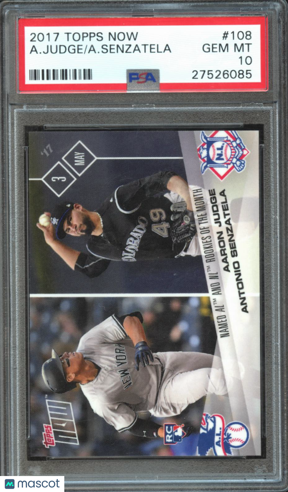 Aaron Judge / Antonio Senzatela 2017 Topps Now Rookie RC NY Yankees #108 PSA 10
