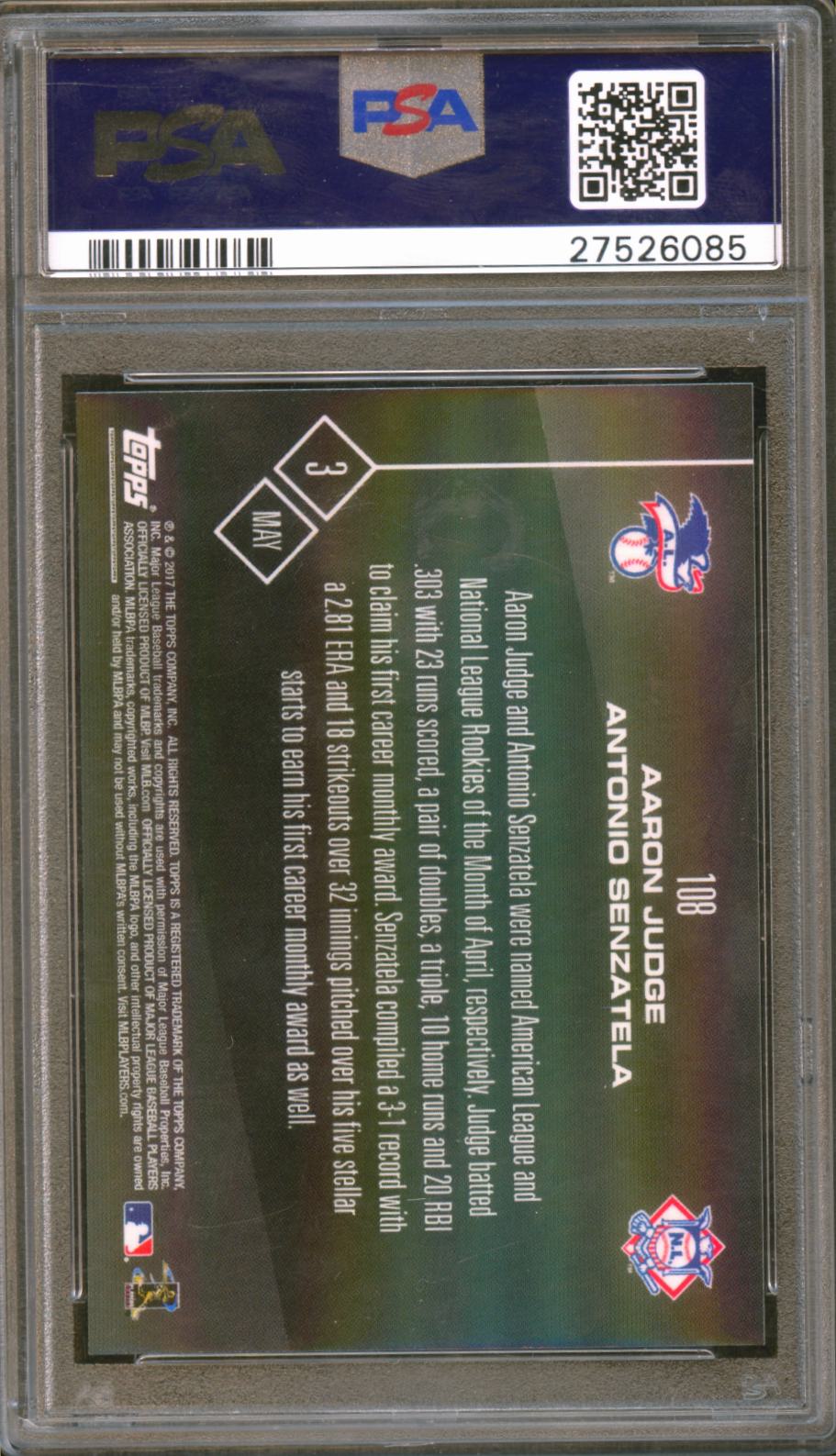 Aaron Judge / Antonio Senzatela 2017 Topps Now Rookie RC NY Yankees #108 PSA 10