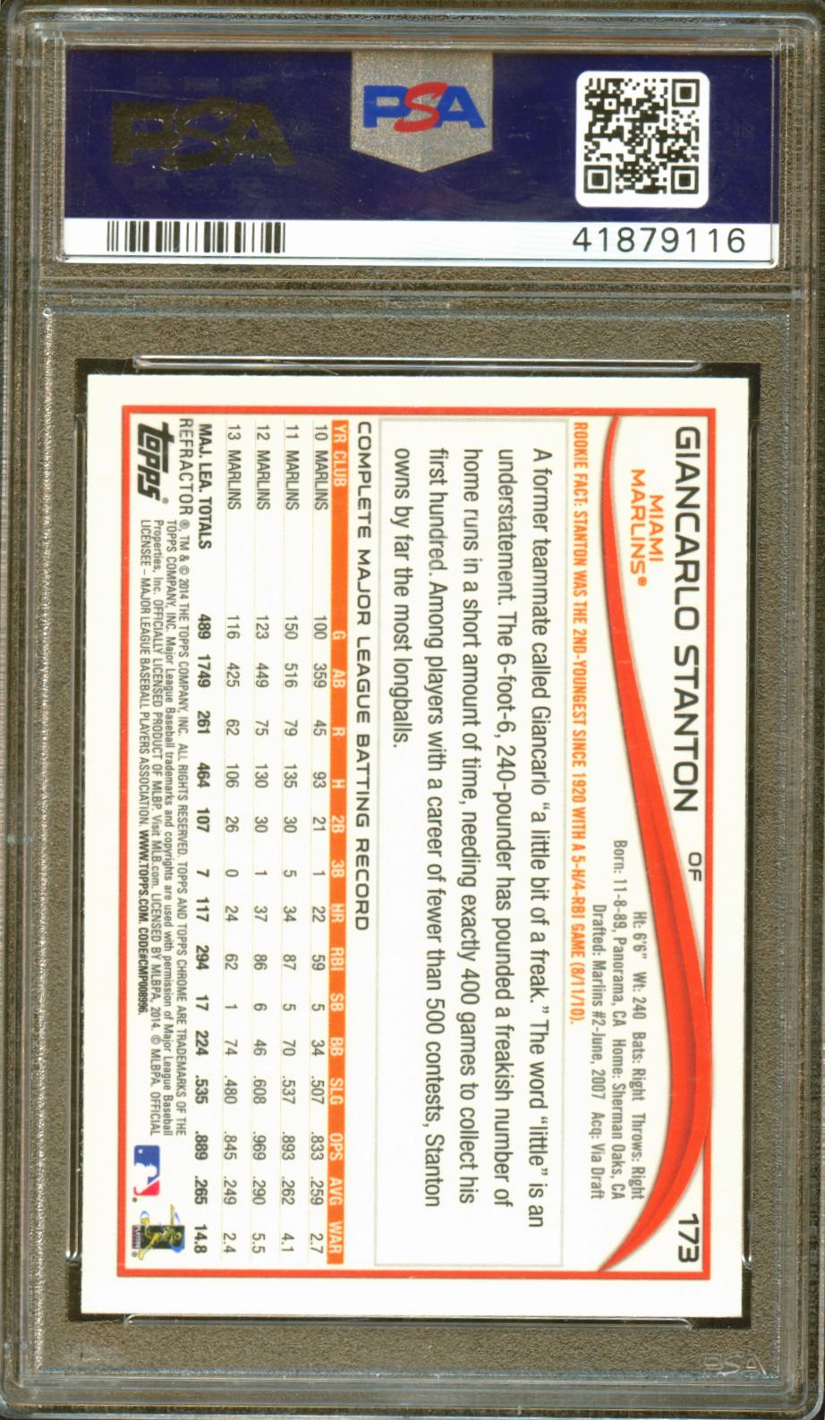 Giancarlo Stanton 2014 Topps Chrome Orange Refractor PSA 10
