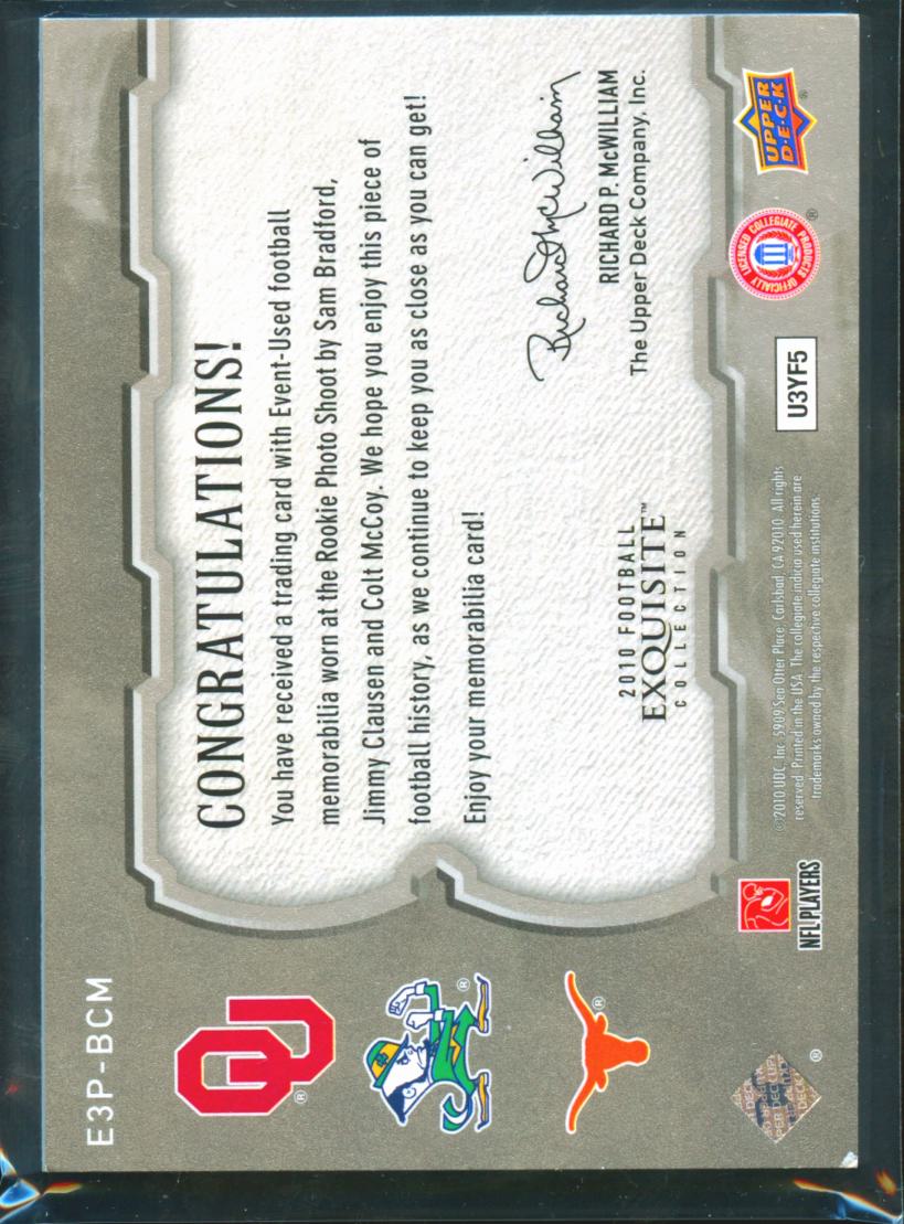 Jimmy Clausen Colt McCoy Sam Bradford 2010 Exquisite Patch /25 Longhorns Sooners