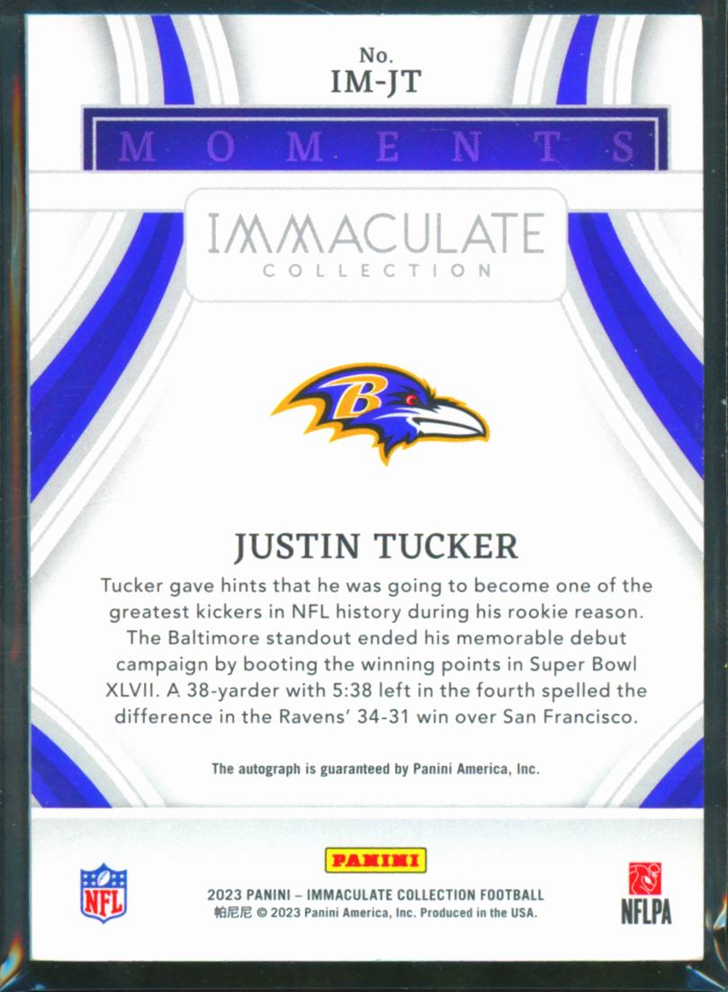 Justin Tucker 2023 Immaculate Moments Auto Autograph 11/49 Baltimore Ravens
