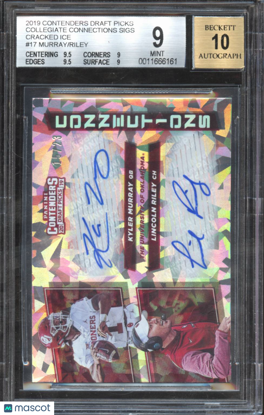 Kyler Murray Lincoln Riley 2019 Contenders Cracked Ice Auto Autograph /23 BGS 9