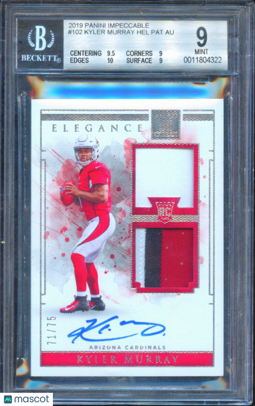Kyler Murray 2019 Impeccable Auto Autograph Patch Helmet RC Cardinals /75 BGS 9
