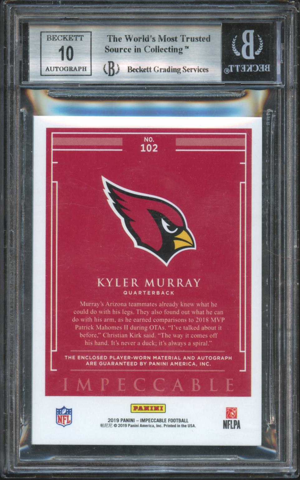 Kyler Murray 2019 Impeccable Auto Autograph Patch Helmet RC Cardinals /75 BGS 9