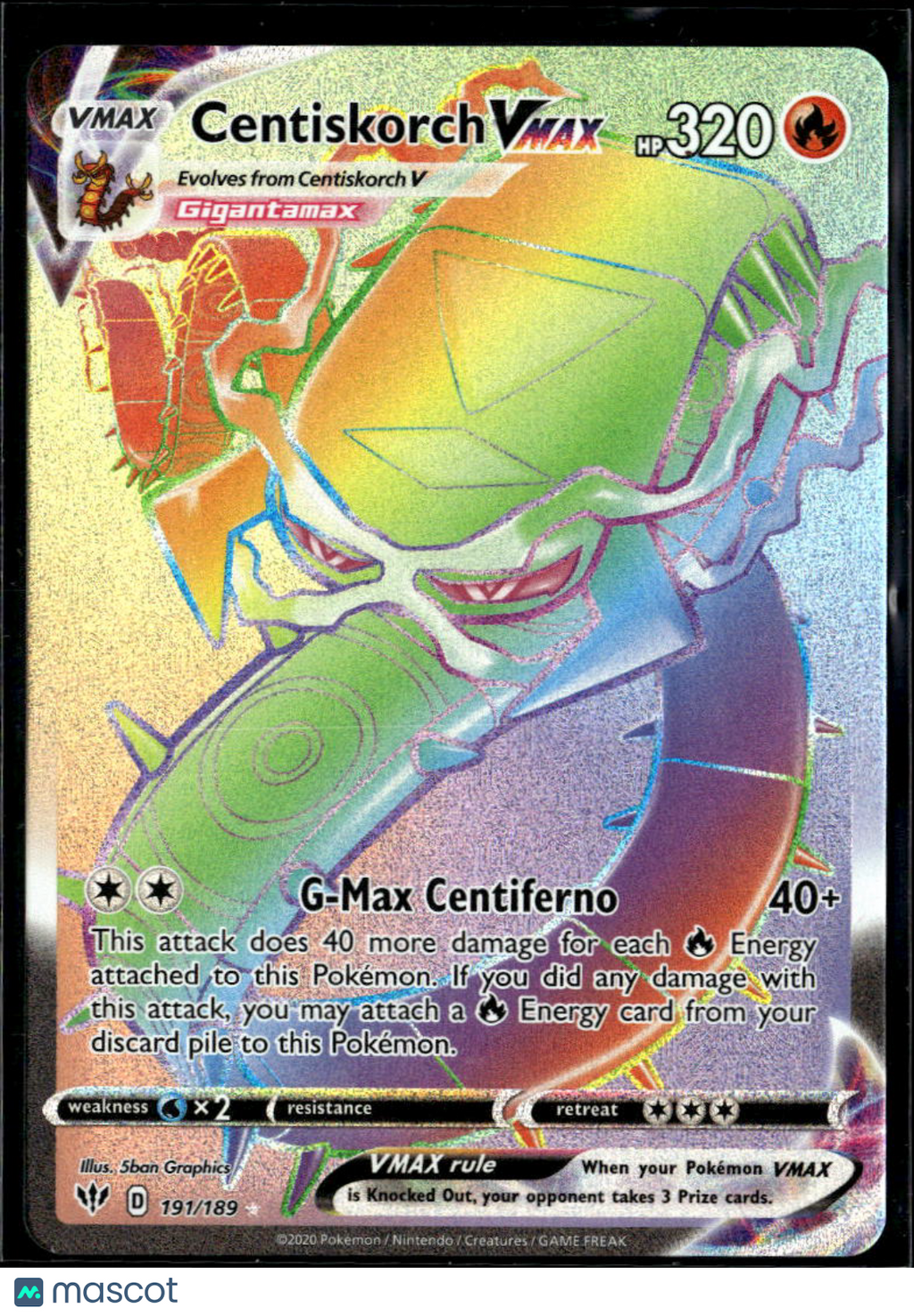 Centiskorch VMAX 2020 Darkness Ablaze Rainbow Secret Rare HR #191/189