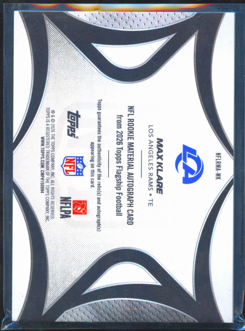 Max Klare 2026 Topps Flagship Auto Autograph Patch RC 59/99 Los Angeles Rams