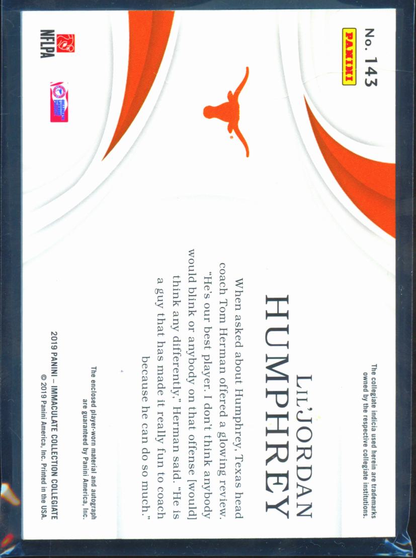 Lil'Jordan Humphrey 2019 Immaculate Auto Autograph Patch RC 2/25 Texas Longhorns