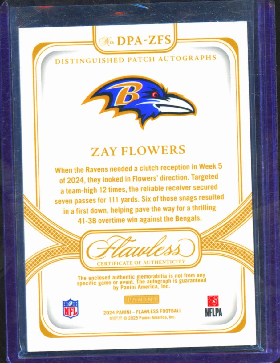 Zay Flowers 2024 Flawless Auto Autograph LOGO Patch 6/10 Baltimore Ravens