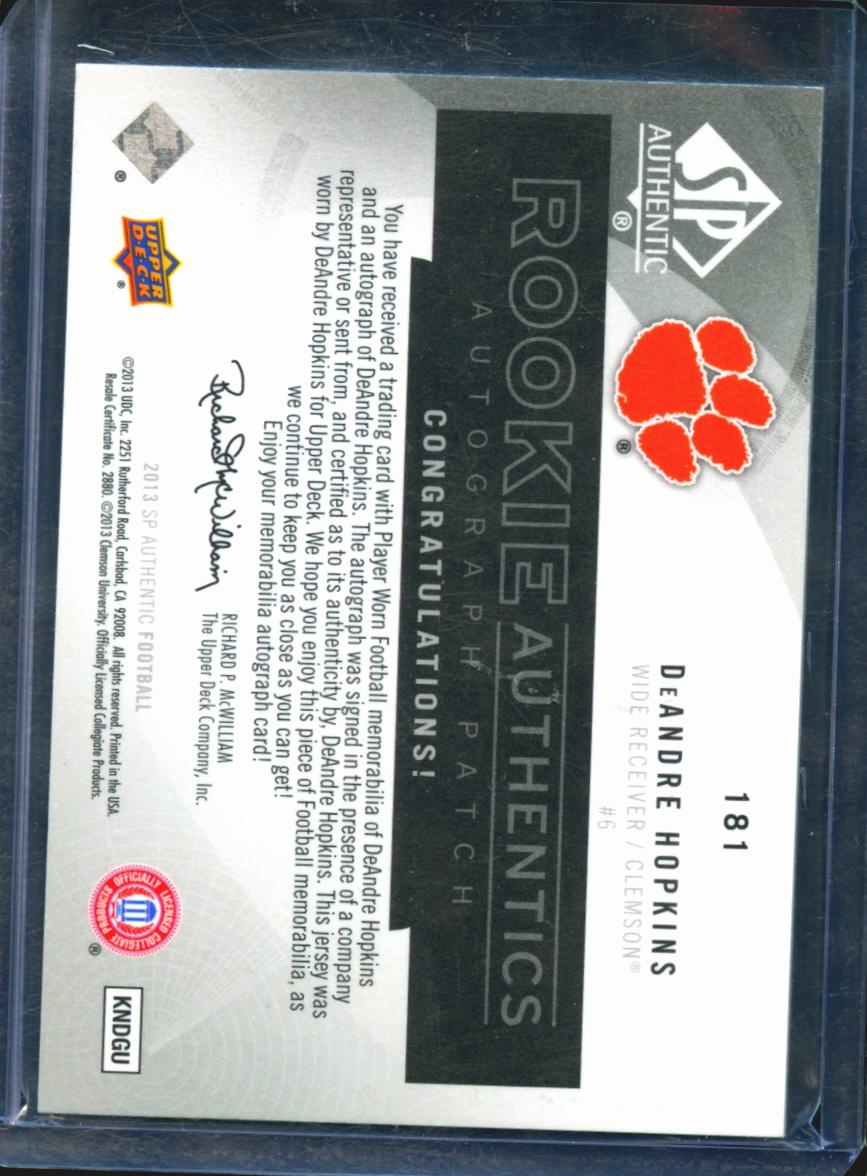 DeAndre Hopkins 2013 SP Authentic Auto Autograph Patch RC 66/650 Clemson Tigers