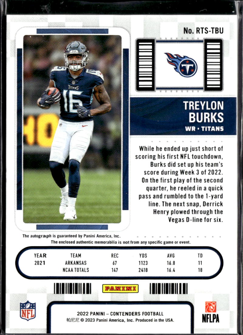 Treylon Burks 2022 Contenders Auto Autograph Patch RC Arkansas Tennessee Titans