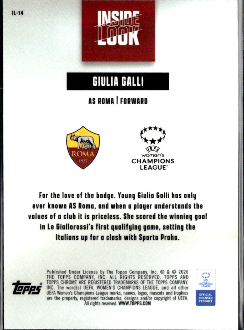 Giulia Galli 2026 Topps Chrome UEFA Women's Inside Look RC AS Roma