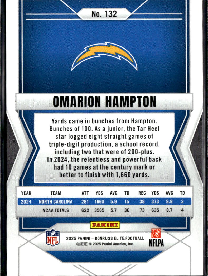 Omarion Hampton 2025 Elite Orange Rookie RC 742/849 Los Angeles Chargers